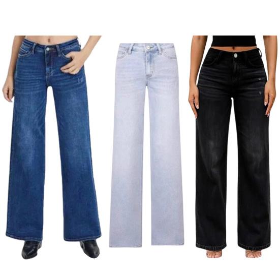 Wide Leg Jeans Zipper Fly Low Waisted Straight Leg Denim Pants Loose Stretchy