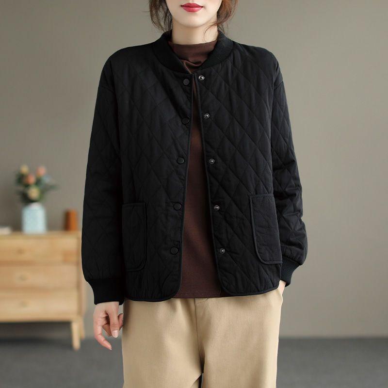 Spring Autumn Lightweight Padded Casual Elegant Jacket Thin Cotton Coat Woman Clothing Solid Color Long Sleeve Top Loose Quilted Jacket
