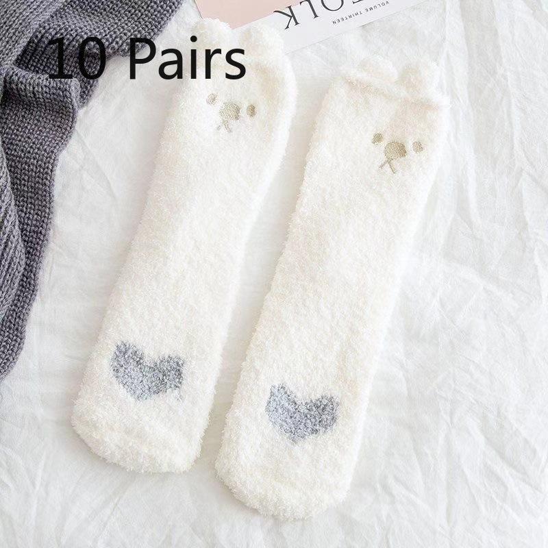 10 Pairs of Ladies Autumn Winter Thickened Warm Cat PAWS Stereo Small Ears Coral Wool Home Floor Socks