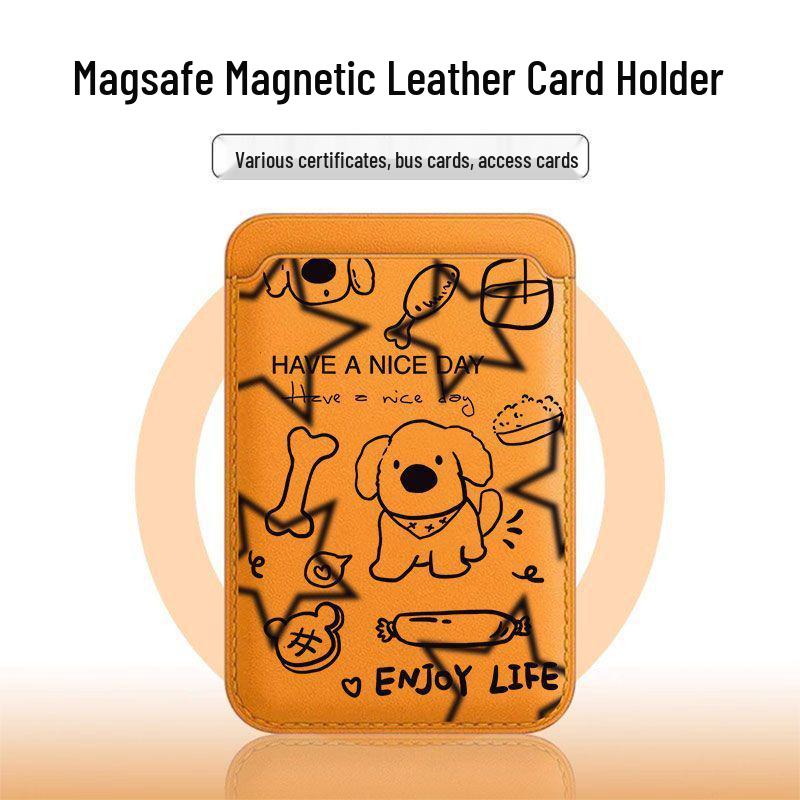 Puppy Line Art MAGsafe Leather Card Holder Case for Apple Phones