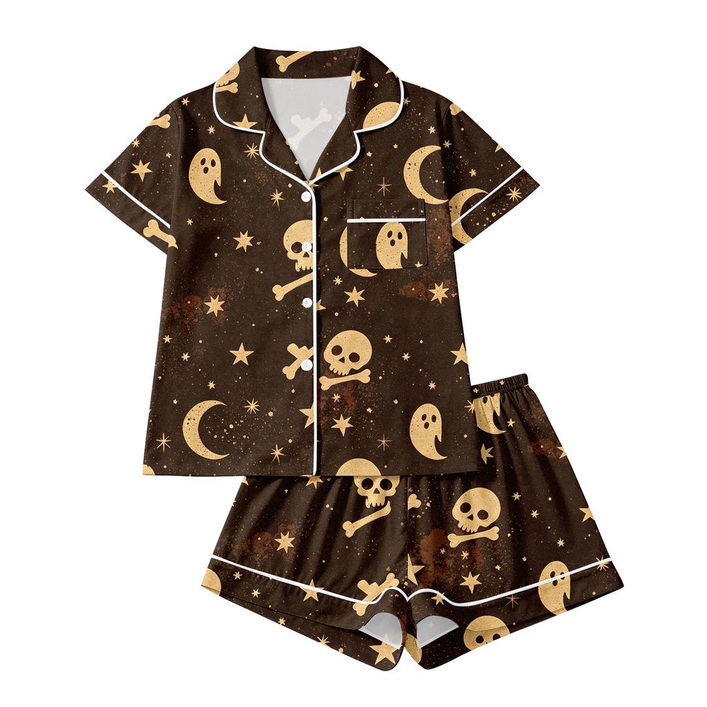 Women's Halloween Pajama Set with Short Sleeve Button Down Shirt and Shorts