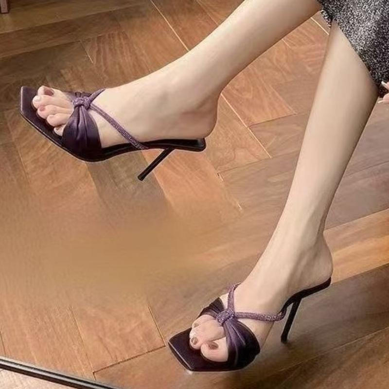 Fashion Luxury Crystal Narrow Band Design Brand High Heel Slipper Women High Quality Silk Bow Decoration Slide Sandal Elegant Shoes