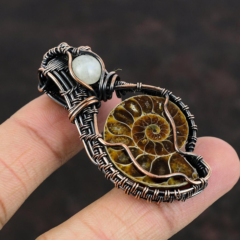 Ammonite Fossil Pendant Copper Wire Wrapped Pendant Moonstone Gemstone Pendant Handmade Copper Wire Wrap Jewelry Designer Pendants For Gift