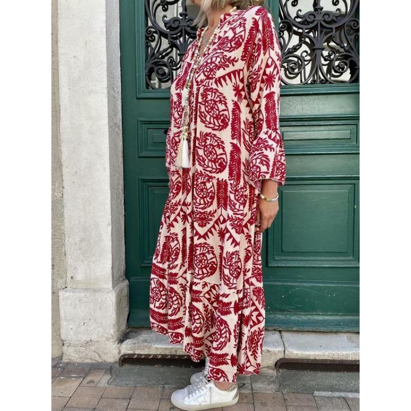 Women's Fashion Spring Fall Long Sleeve V-Neck Loose Waistline Casual Dresses
