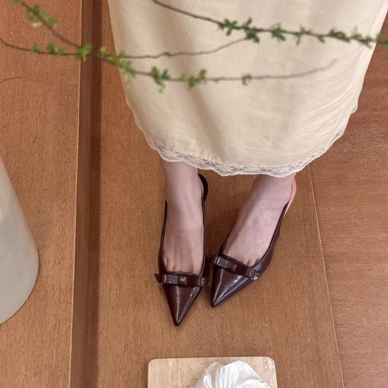 Baotou Sandals Spring New Pointy Head Shallow Mouth Butterfly Knot Leather Set Foot Anti-slip Wear-resistant High Heels