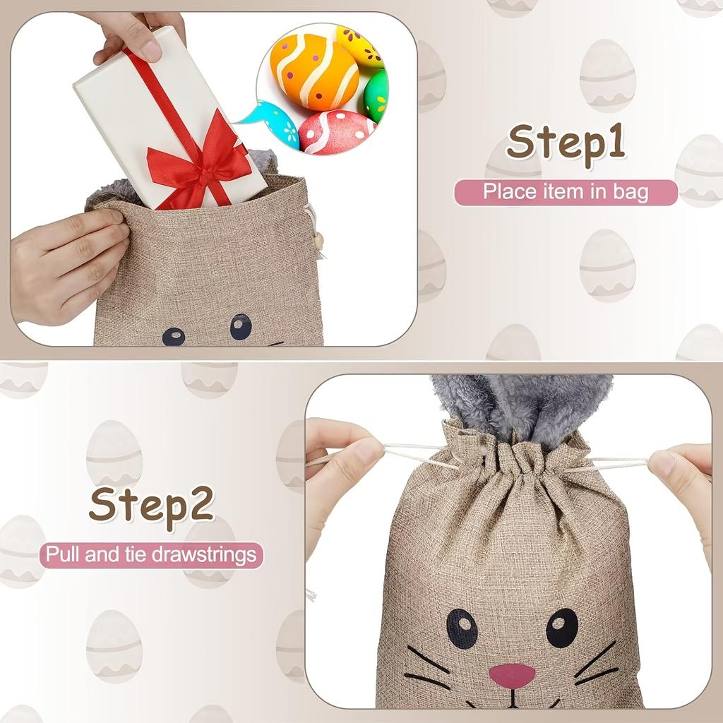 6pcs Easter Linen Drawstring Burlap Bags with Cute Bunny Ears Gift Packaging Bags Suitable for Easter Gifting