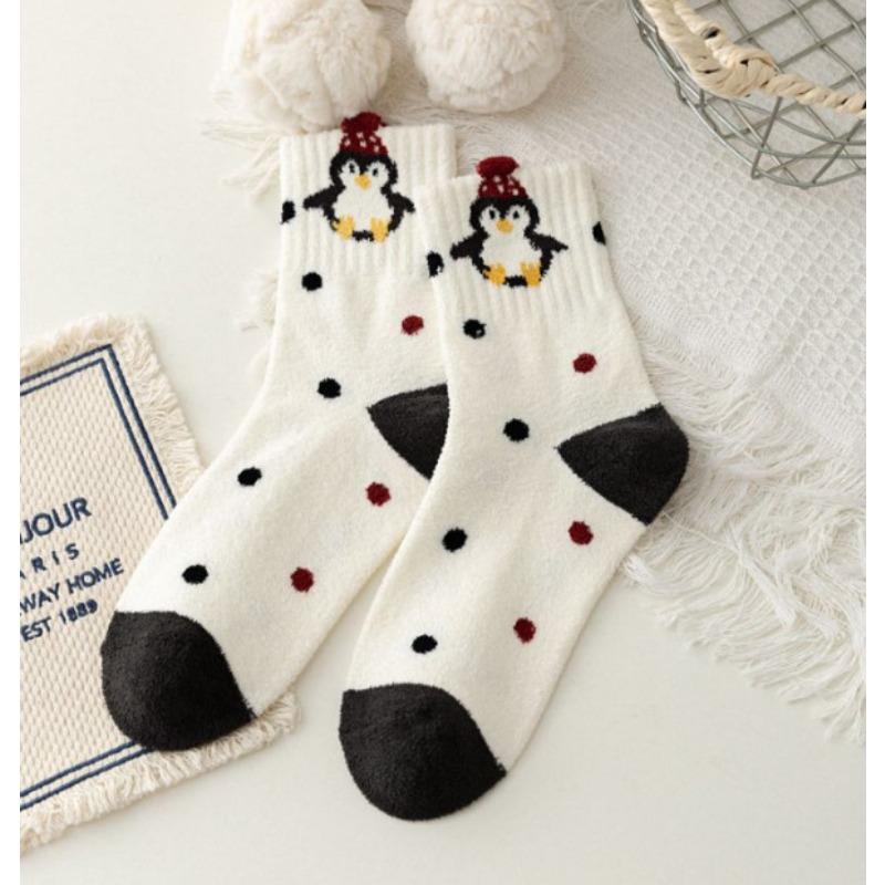 Autumn and Winter Socks, Women's Double-sided Fleece Little Penguin Women's Socks, Cute Cartoon Warm Home Warm Floor Socks, Sleep Socks