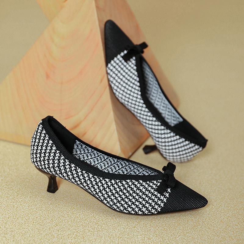 

Temperament bow new high heels women s knitted woven shoes square head light mouth cat heel single shoes 40