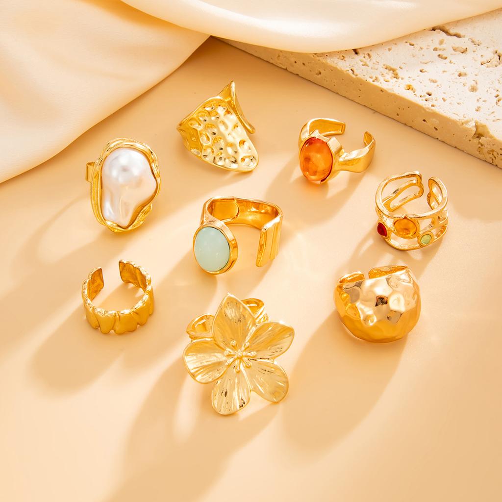 Vintage Baroque Imitation Pearl Ring Set, Light Luxury Imitation Gemstone Liquid Metal Flower Ring