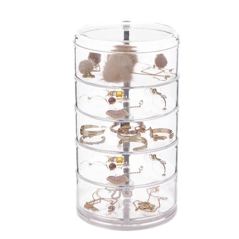 Rotating Jewelry Storage Box for Makeup Storage Rack Bracelet Earring Round Plastic Organizer Box Holder Display Rack with Cover