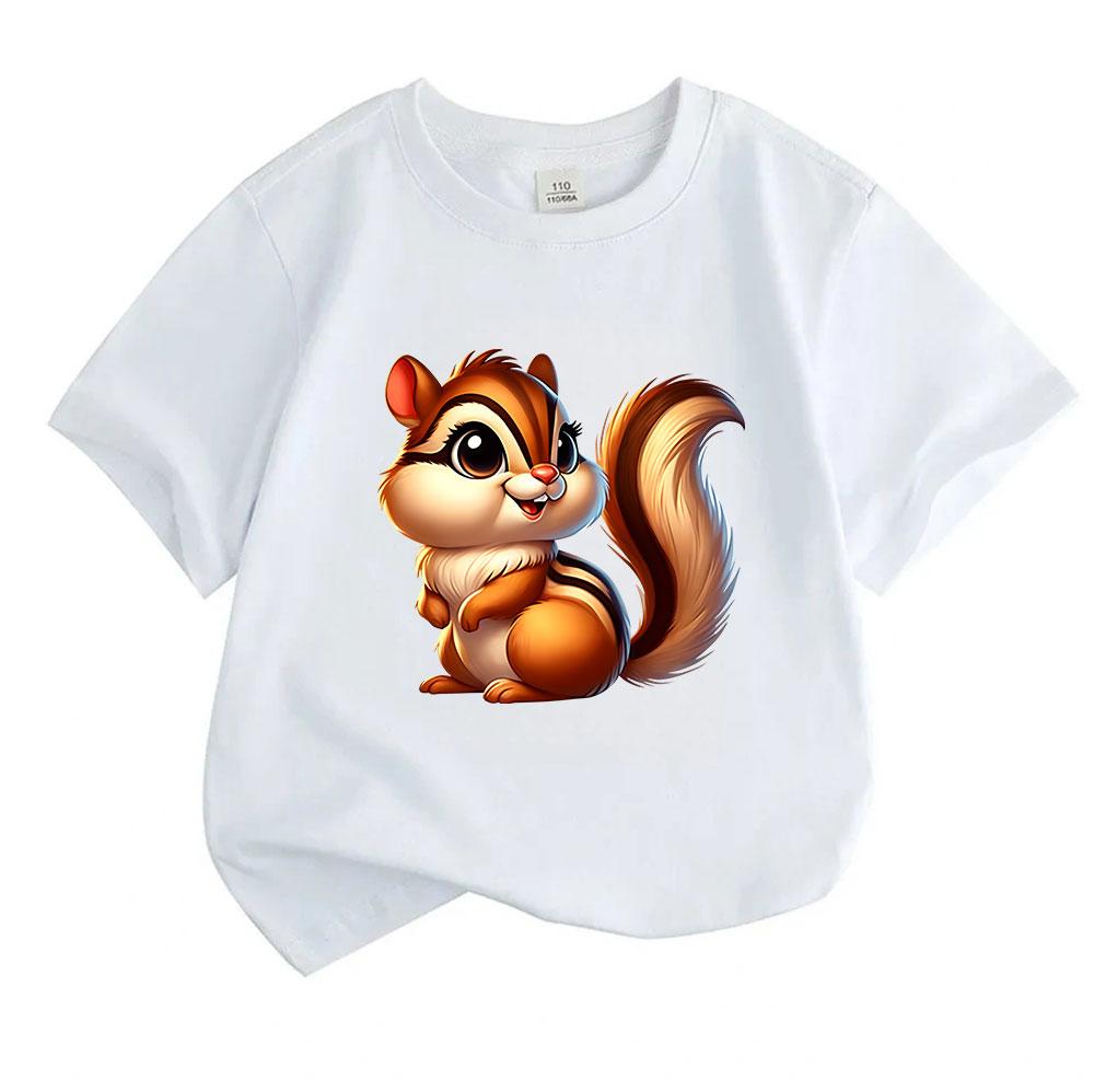 Cute Cartoon Chipmunk Print Kids Boys Girls Crew Neck Short Sleeve T-Shirt 100% Cotton Casual Soft Breathable Lightweight Summer Tees For Little Child