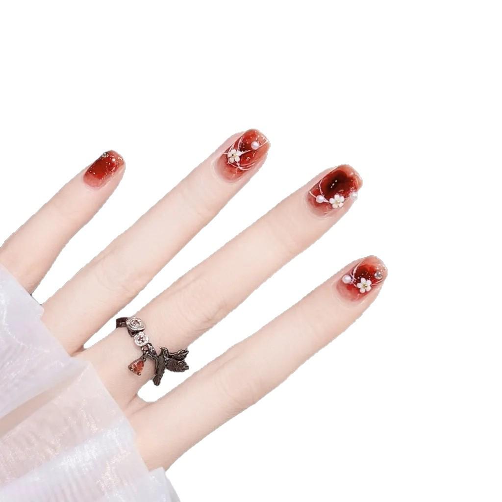 Handmade Detachable Ice-Clear Red Gradient Flower Short Nail Tips