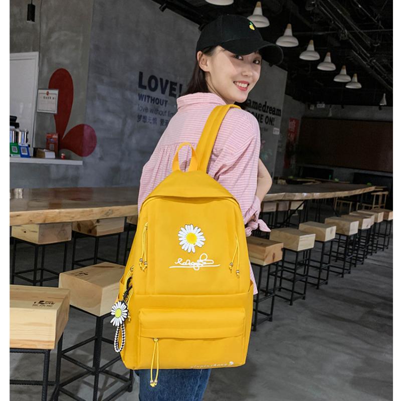 School Opening Must Have Small Daisy Printed Backpack Large Capacity Student Canvas Book Bag Korean Version Girl Four-piece Knapsack Set