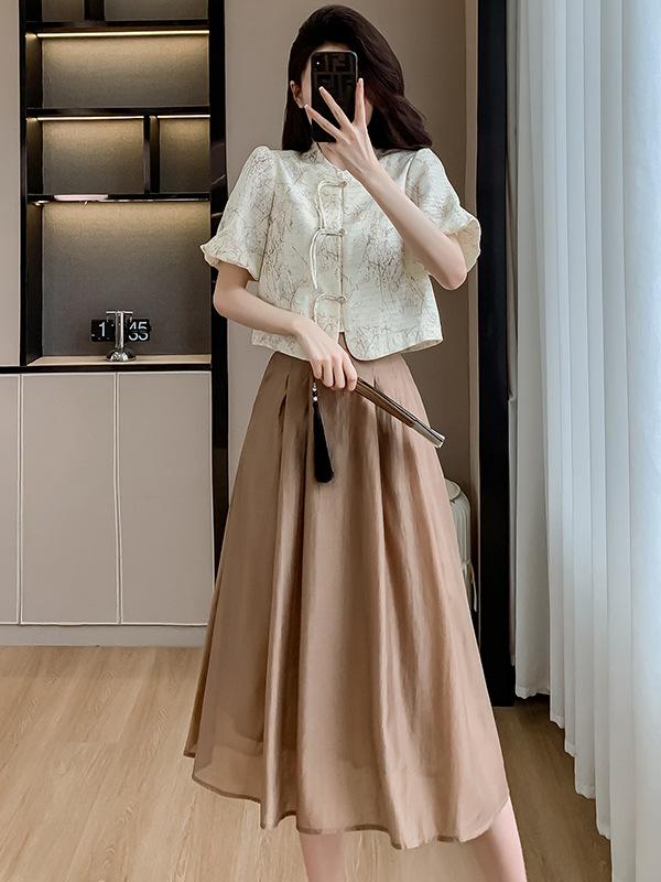 Xiaxin Real Shot Chinese-Style Skirt Set: New Two-Piece Outfit with Light National Style Half-Length Skirt