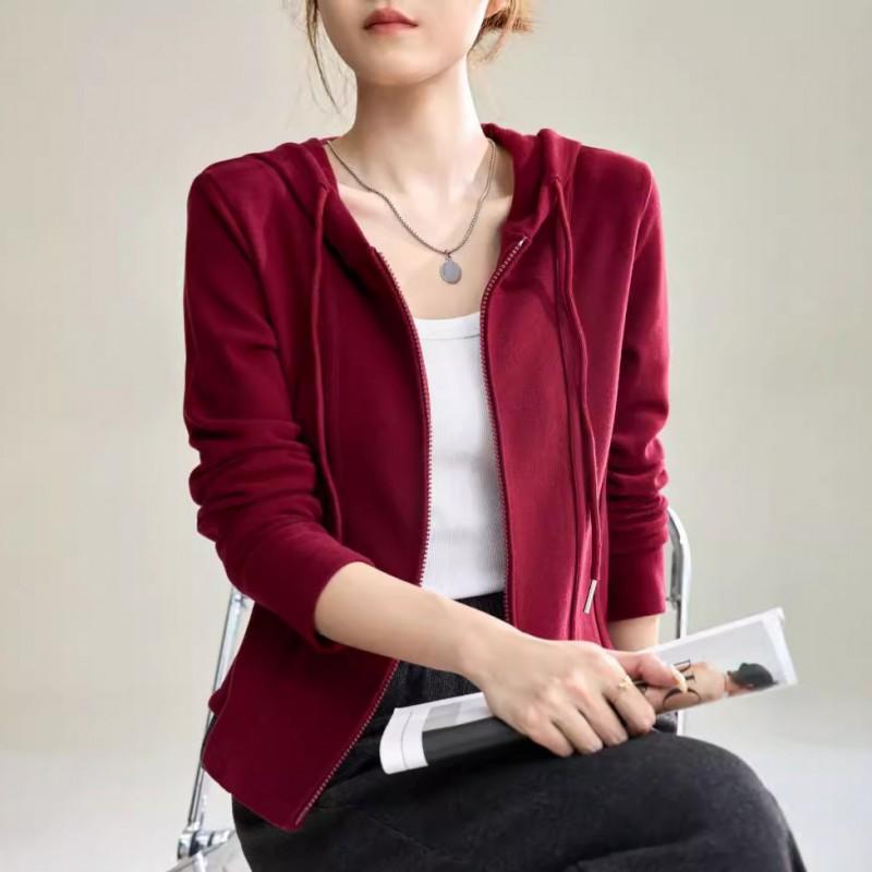 Womens Hooded Zip-Up Sweatshirt Loose Fit Casual Long Sleeve Top In Solid Colors