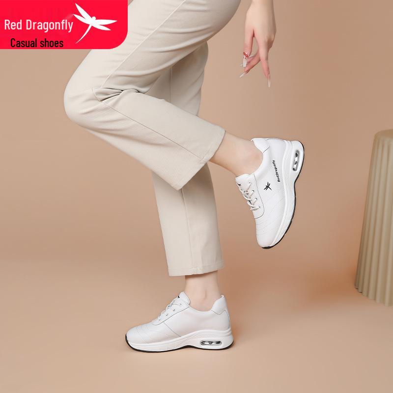 Red Dragonfly Women's Height-Increasing Thick-Soled White Leather Casual Shoes for Spring, Autumn, and Winter
