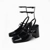 2025 spring new product black ankle strap patent leather thick heel bag head sandals square head single shoes women's Mary Jane high heels