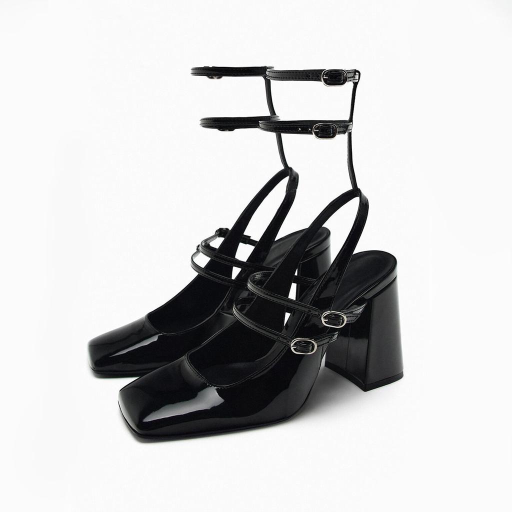 2025 spring new product black ankle strap patent leather thick heel bag head sandals square head single shoes women's Mary Jane high heels