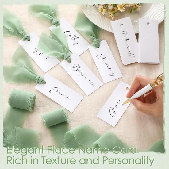 Handwritten Business Cards 50 Sheets Blank Textured Paper Cards with Chiffon Ribbon Wedding Invitations Table Name Tags for Party Banquet Office Decor
