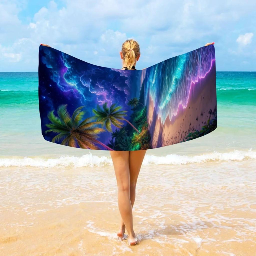 Dreamy Galaxy 2D Flat Printed Peach Skin Beach Towel Starry Night Palm Tree Bath Towel Summer Seaside Vacation Sand Free Blanket