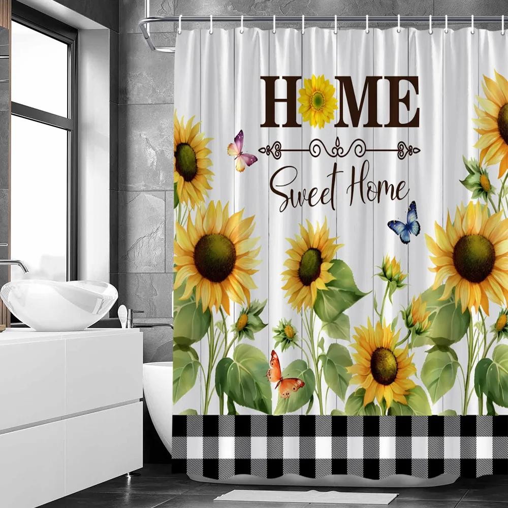 Yellow Sunflower Shower Curtain Summer Floral Fabric Decorative Bathroom Hanging Curtains Autumn Rustic Botanical Bathroom Decor