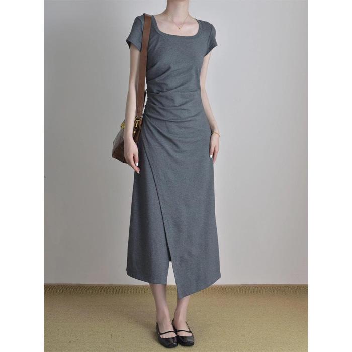 

2025 Summer French Slit Petite Slimming Bodycon Midi Dress with Short Sleeves One Size серый