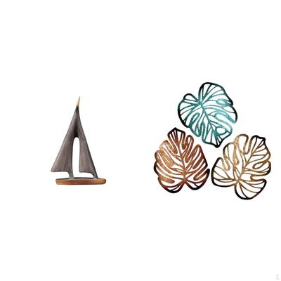 Tropical Sailing Figurine Palm Leaves Wooden Sailboat Statue Creative Jungle Decor Ornament for Room