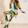 Women Plus Size Round Neck Long Sleeve Geometric Printed Longline Top Fitted Pants Two Piece Set