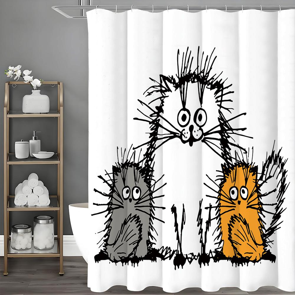 Messy Scribble Kitten Shower Curtain, Bathroom Decorative Shower Curtain, Waterproof Shower Curtain with Hooks