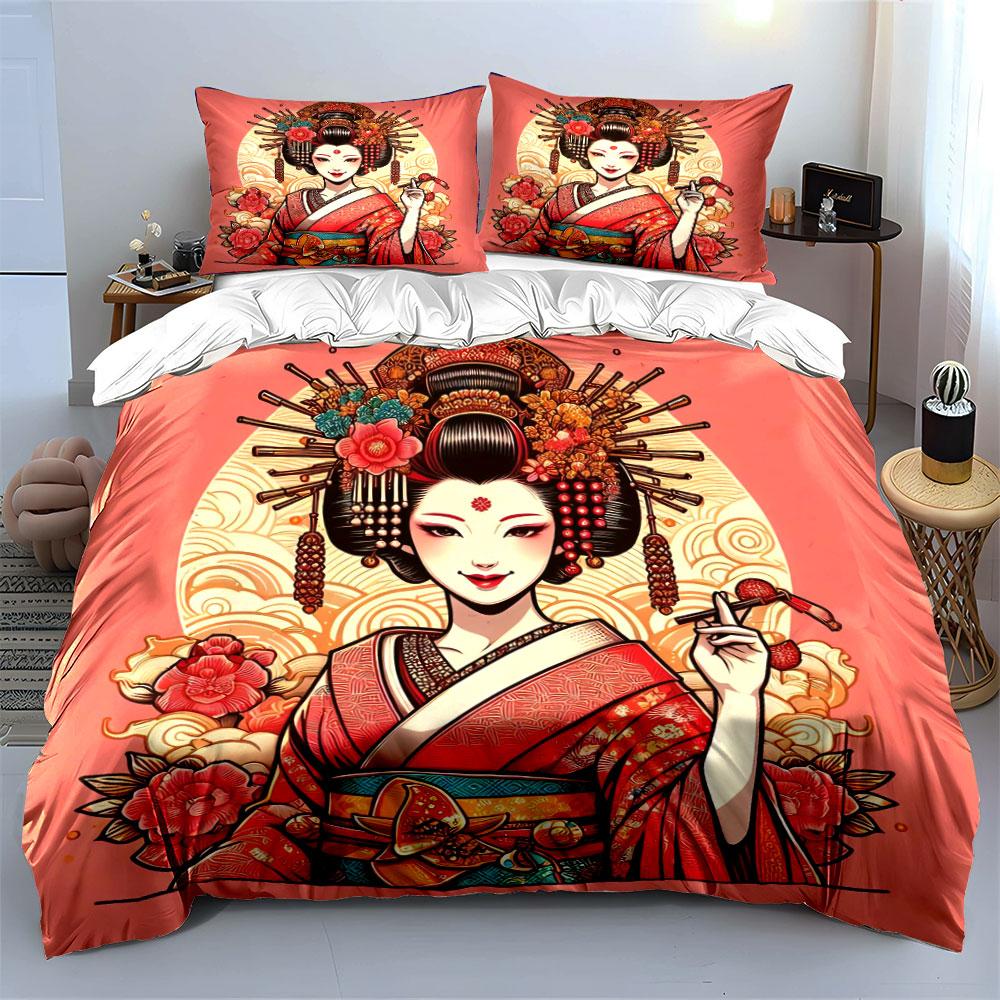 Traditional Geisha Art Set Soft Skin-Friendly Bedding Set Includes 1 Duvet Cover And 2 Pillowcase, Gift