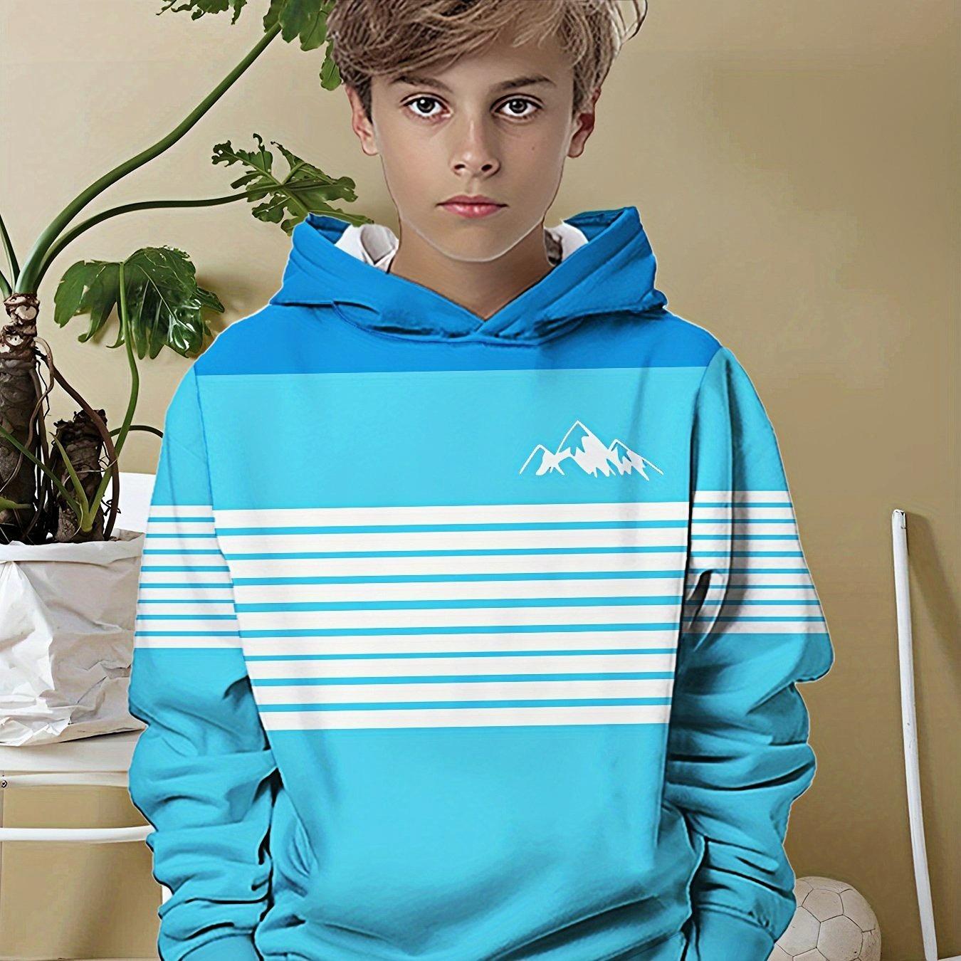 

Boys hooded sweatshirt - turquoise blue and white striped pullover, long sleeved for daily and formal occasions 13-14Y