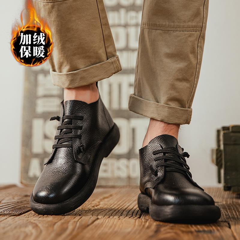 Retro Literary Leather Casual Short Boots Velvet Autumn and Winter New Martin Boots Thermal Cotton Boots Top Layer Cowhide Boots Tide
