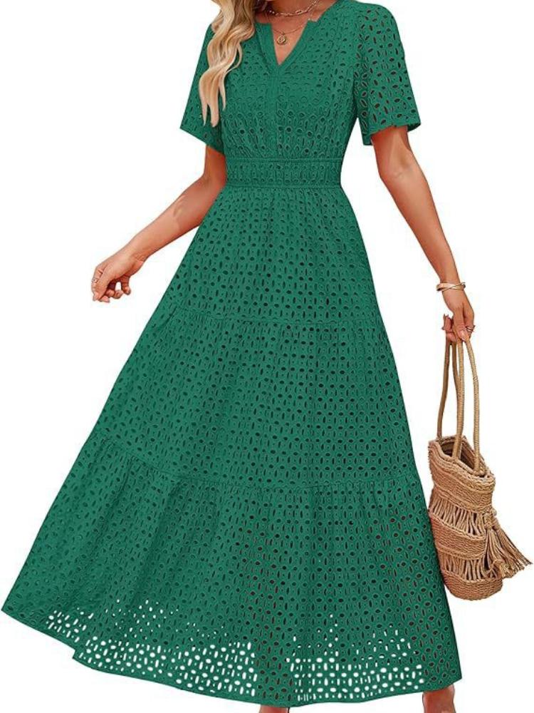 Damen V-Ausschnitt Spitze Kurzarm Maxi Kleid mit ausgestelltem Saum, Erhältlich in mehreren Farben