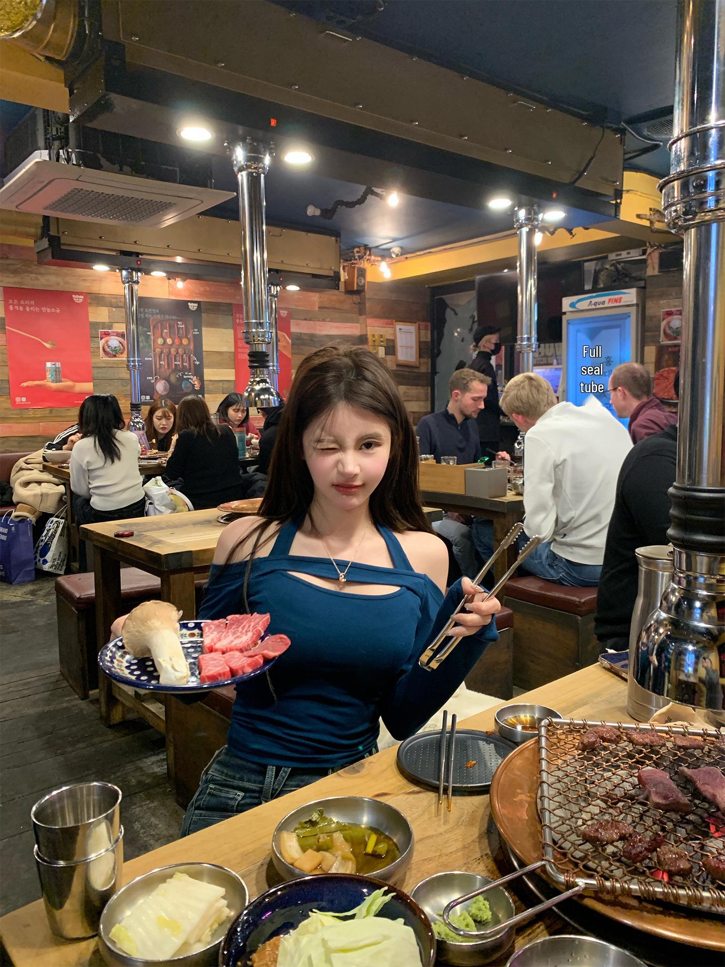 Women s One-Shoulder Brushed Cotton Halter Neck Long-Sleeve Top Extra Large синий