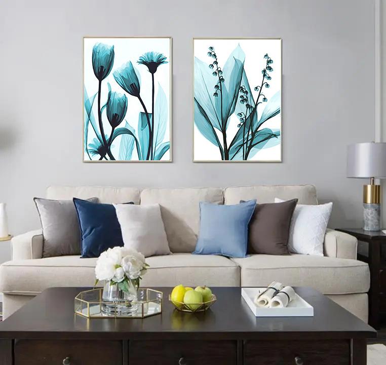 Nordic Canvas Painting Flowers Poster Blue Floral Wall Art Print for Vintage Living Room Decorative Wall Pictures