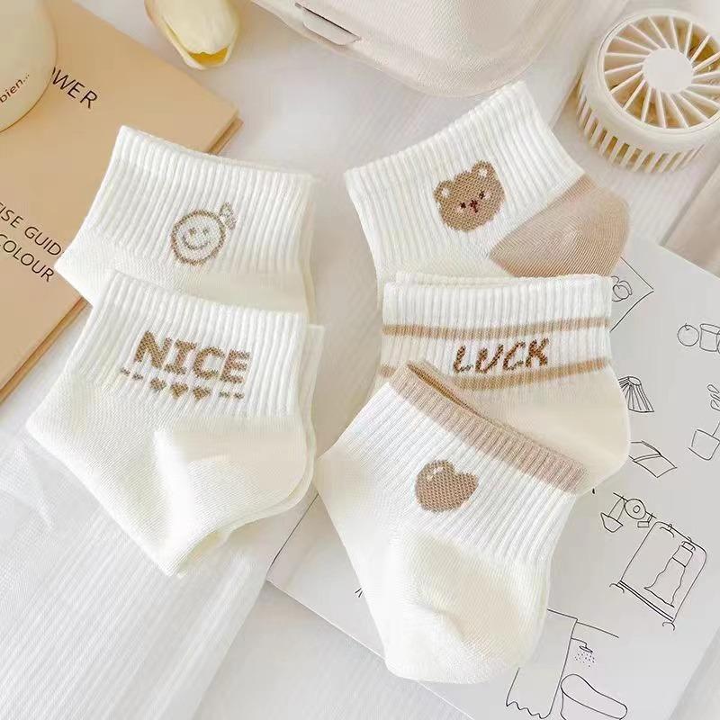 5 pairs/Pack Spring Summer Women's Socks Cute Short Socks Korean Style Bear Smile Face Letters Print Ankle Socks