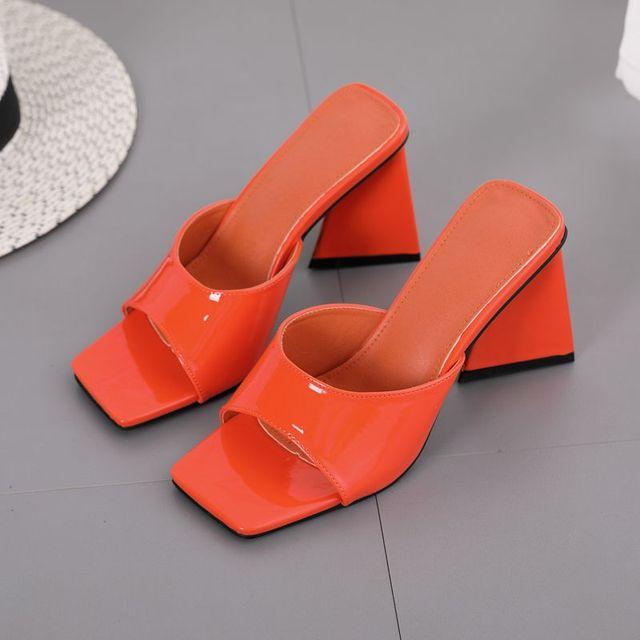 Zomer Nieuwe Dames Driehoek Hoge Hak Slippers Eenvoudig Vierkante Neus Open Neus Lakleren Sandalen 7 Kleuren Grote Maten Schoenen 41 oranje