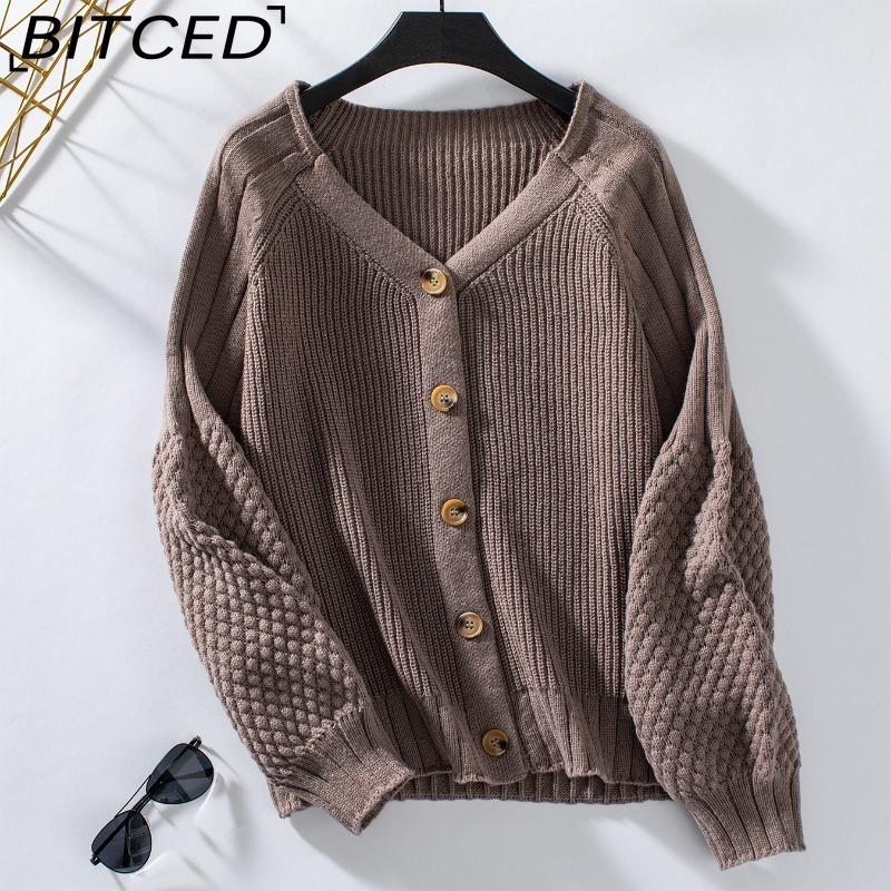 

BITCED Autumn/Winter Women s Solid-Colour Button-Front Knitted Cardigan Coat Casual Oversized Bell-Sleeve Sweater XL хаки