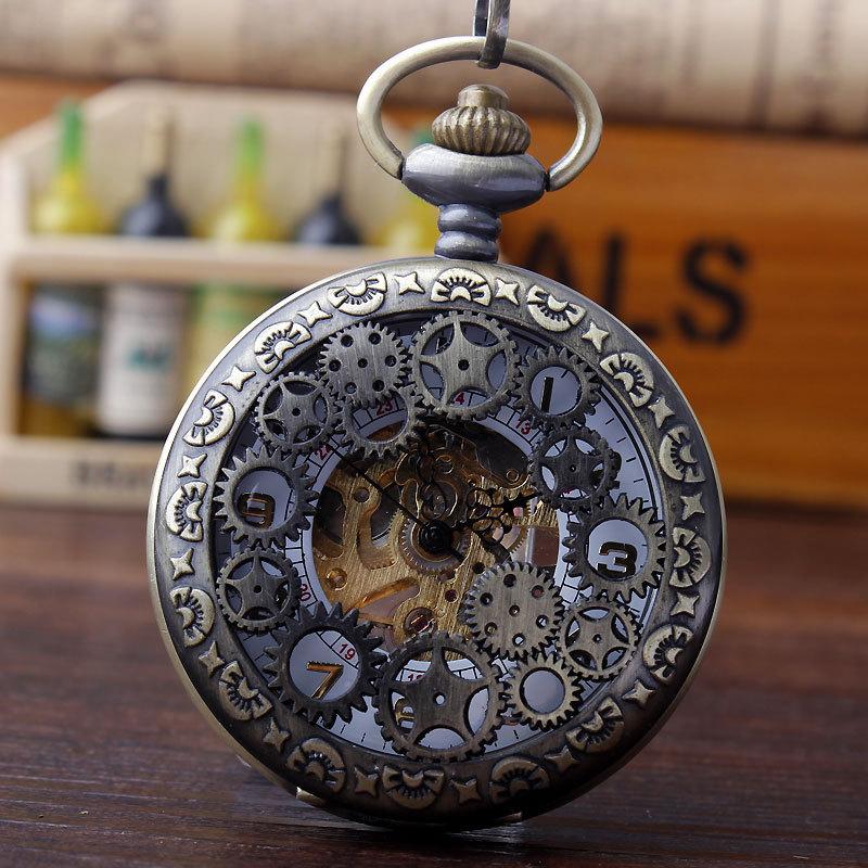 Gear Gun Black Mechanical Pocket Watch Vintage Clamshell Hollow Necklace Pocket Watch for Men and Women