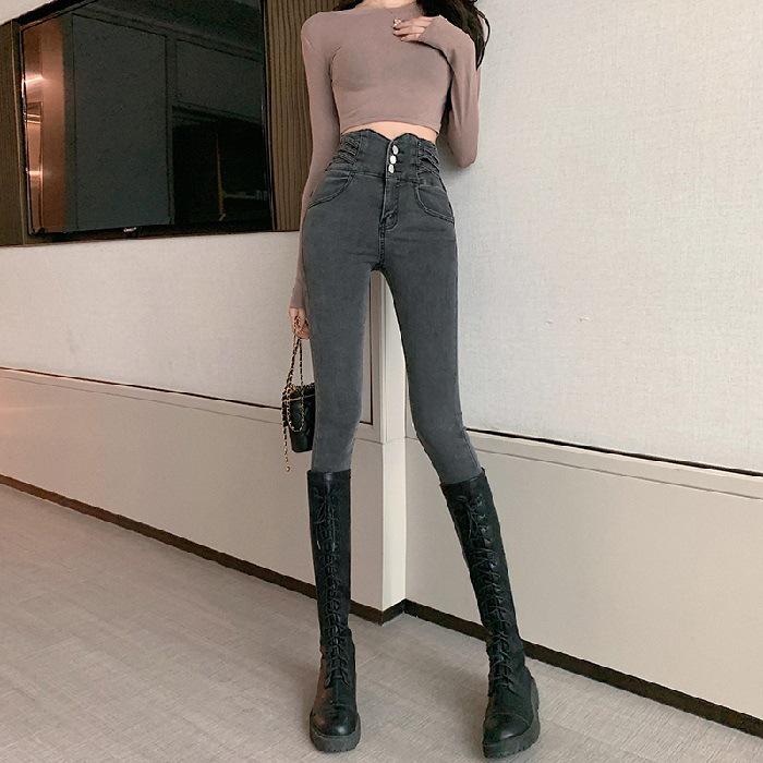 Jeans Skinny Grigio a Vita Alta con Fodera in Pile da Donna - Pantaloni a Matita Snellenti Autunno/Inverno 2025