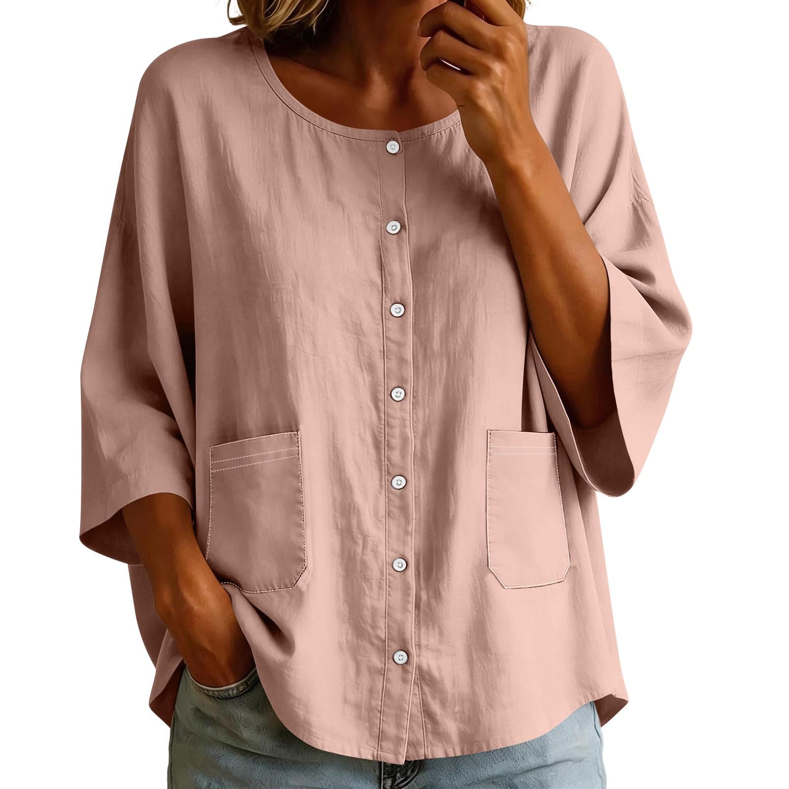

Women s Round Neck Button Front Shirt Cotton Solid Color Casual Loose Fit Shirt with Pockets Lightweight Comfortable Top S рожевий
