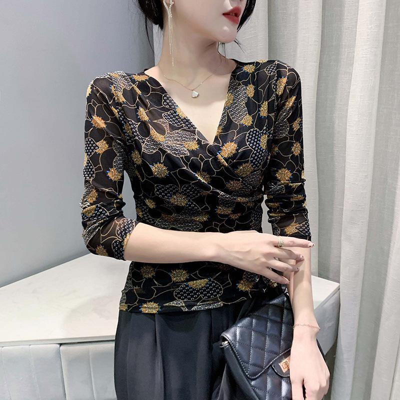 

Футболка с V-образным вырезом и принтом для женщин, с длинными рукавами, весенняя новая модная сексуальная сетчатая базовая рубашка 4XL