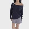 Dark Blue Off-the-Shoulder Long-Sleeve Women's Slimming Autumn Top