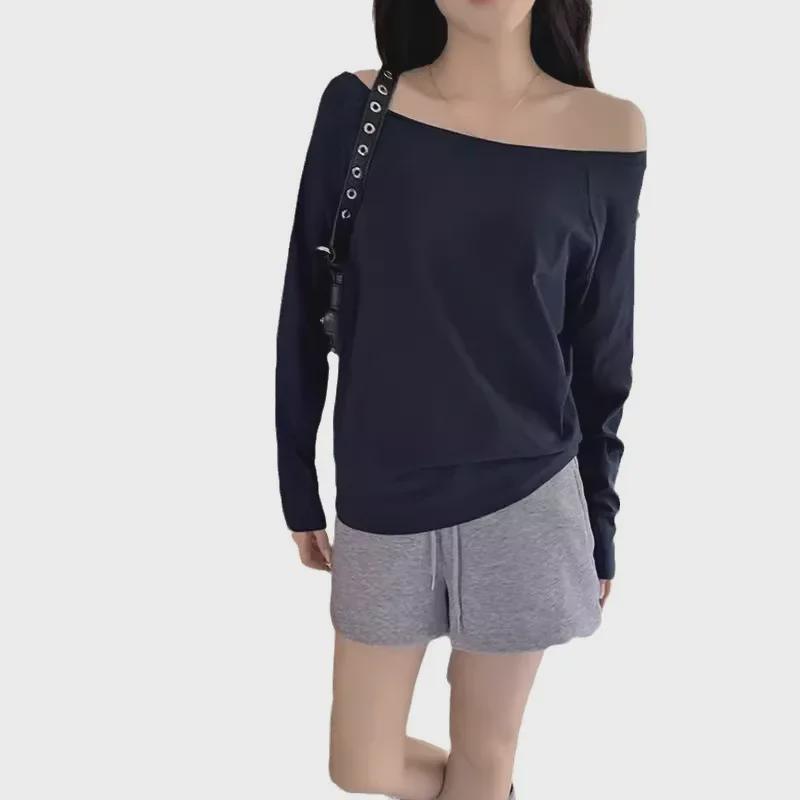 Dark Blue Off-the-Shoulder Long-Sleeve Women's Slimming Autumn Top