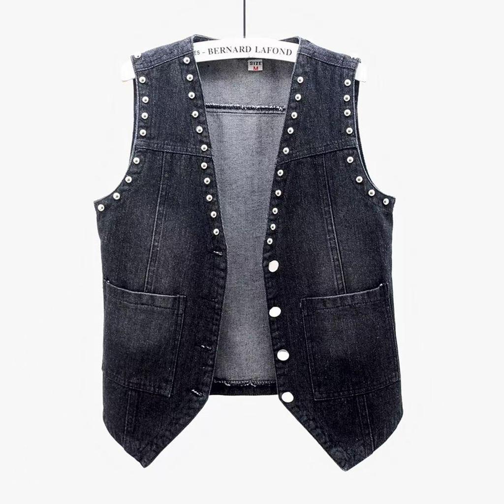 2023 Spring/Autumn Women's Beaded Denim Vest with Large Pockets - Korean Style Sleeveless Shrug Outerwear