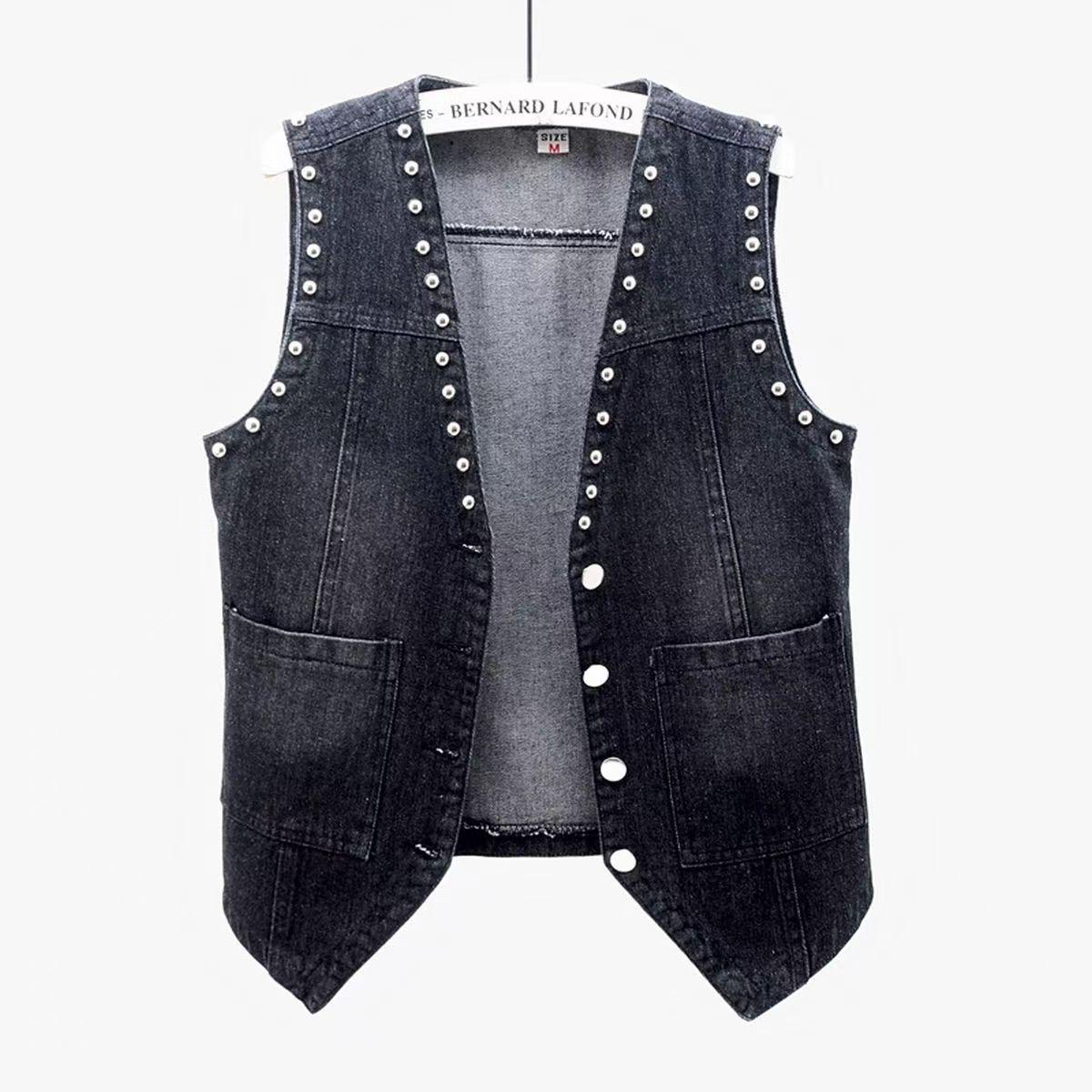

2023 Spring/Autumn Women s Beaded Denim Vest with Large Pockets - Korean Style Sleeveless Shrug Outerwear M (Recommended weight under 100 kg) чёрный