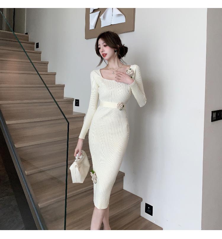 Off-White Floral Elegant Slim-Fit French Autumn/Winter Dress