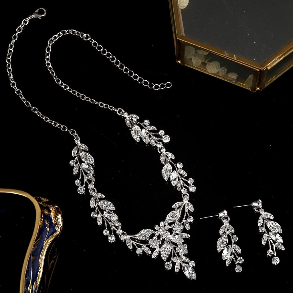 Vintage Crystal Floral Teardrop Bridal Necklace & Earring Set - Elegant Evening Jewelry
