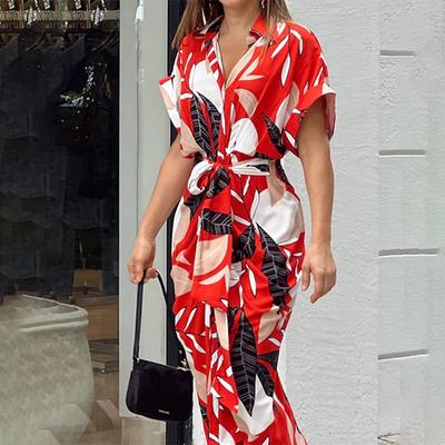 Autumn European and American Women's Clothing Printed Lapel Collar Short Sleeve High Waist Long Shirt Dress