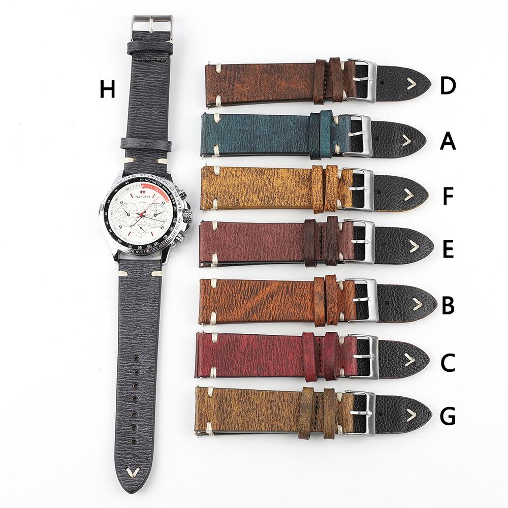 Retro Leather Watch Band 18mm 20mm 22mm 24mm Cowneck Pattern Stainless Steel Pin Buckle Watch Strap Replacement for Men Women